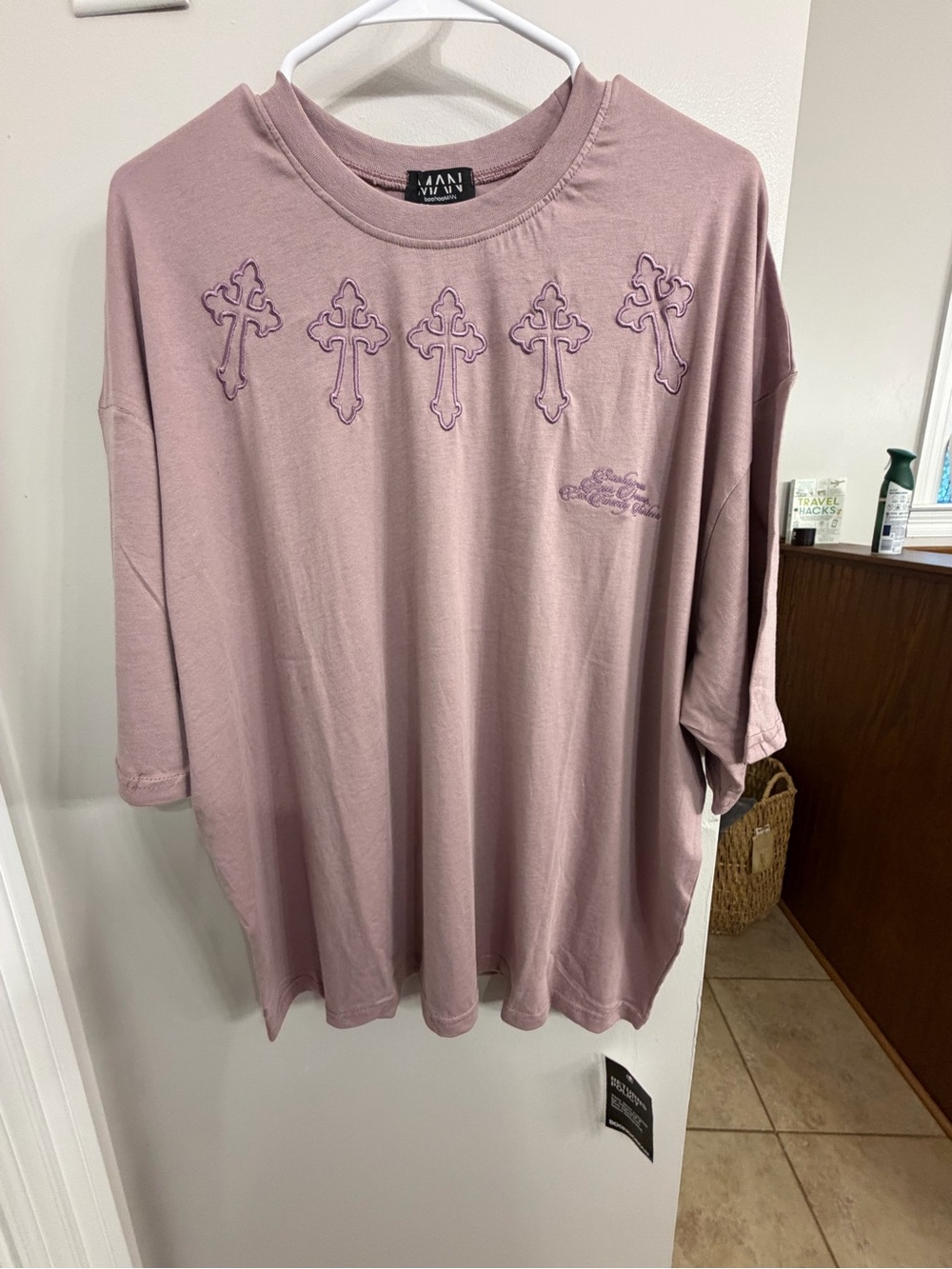 BoohooMan Short Sleeve Purple Tee with Embroidered Crosses